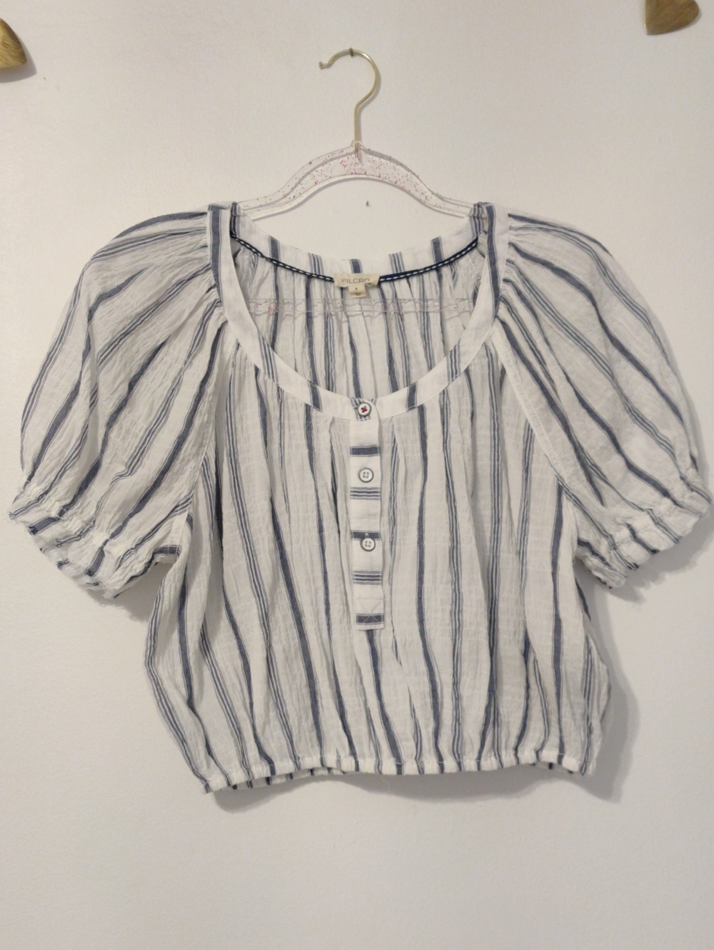 Pilcro White and Navy Striped Puff-Sleeve Crop Top